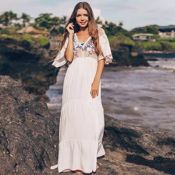 White Cleo Cotton Boho Maxi Dress W/Side Slits Hand Embroidered Stitch Coverup - Picture 5 of 9